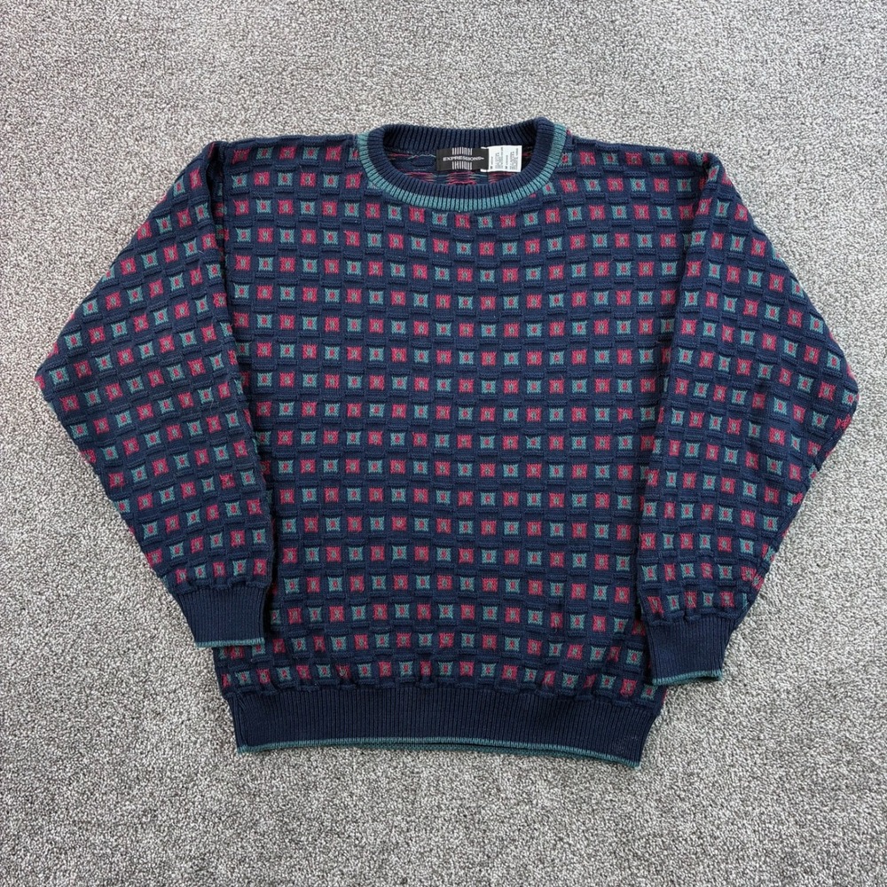 Vintage Expressions Sweater Mens Medium Blue Red Checkered Textured Geometric